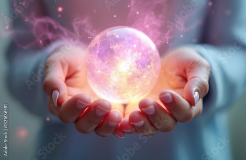 Female hands hold glowing orb, harness healing energy on ethereal background. Reiki session, spiritual aura, chakra balancing, energy flow, cosmic power, mindfulness, nirvana, metaphysical, white
