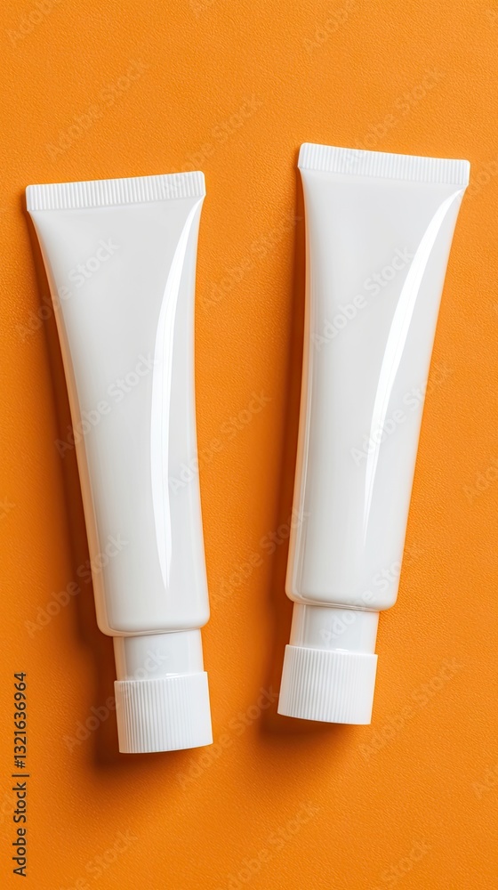 Two white tubes on orange background, product packaging mockup Two white tubes on orange background, product packaging mockup