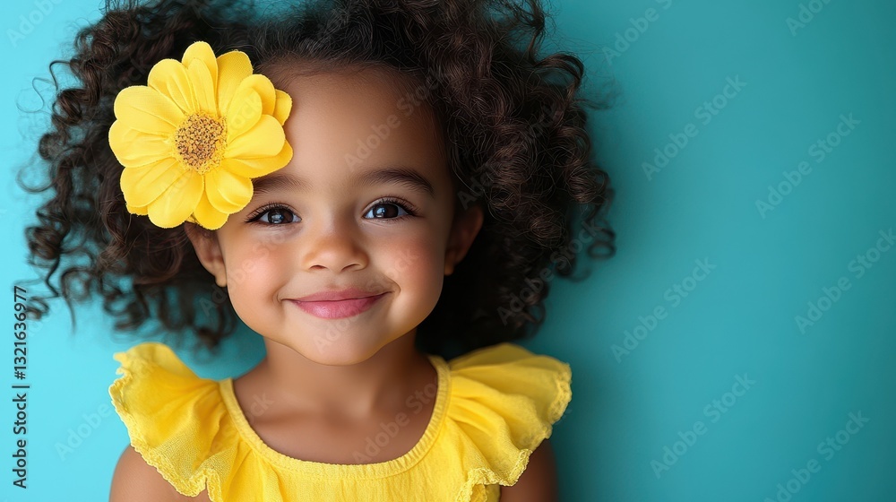 Fototapeta premium A young girl with curly hair happily poses with a yellow flower in her hair. She wears a bright yellow dress, radiating joy against a vibrant teal backdrop