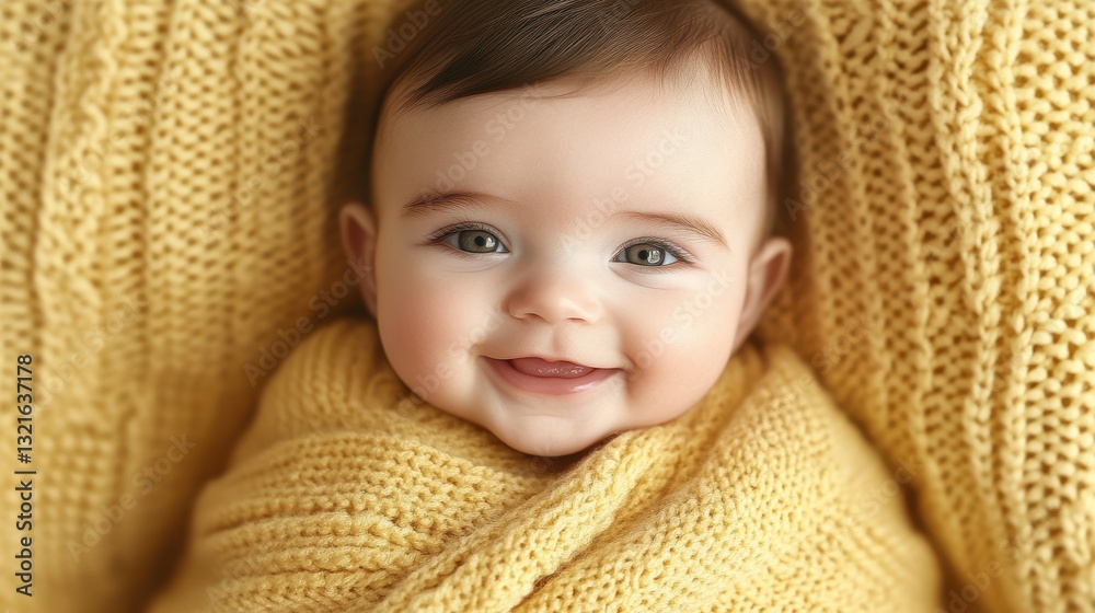 A joyful baby is snuggled in a soft yellow blanket, displaying a bright smile. The gentle light highlights the baby's sparkling eyes and rosy cheeks, creating a heartwarming atmosphere A joyful baby is snuggled in a soft yellow blanket, displaying a bright smile. The gentle light highlights the baby's sparkling eyes and rosy cheeks, creating a heartwarming atmosphere