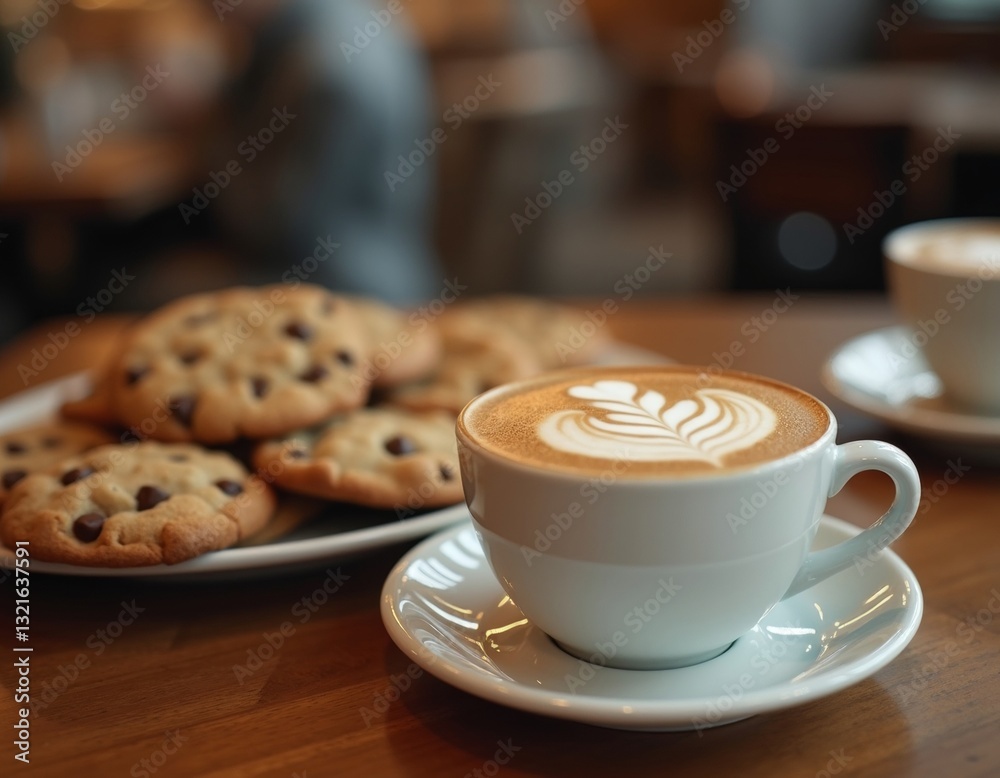 Inviting steaming cup of coffee with intricate latte art beside a plate of delicious chocolate chip cookies on a cozy café table setting for a warm and comforting experience Inviting steaming cup of coffee with intricate latte art beside a plate of delicious chocolate chip cookies on a cozy café table setting for a warm and comforting experience