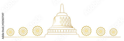 Happy Vesak Day with Lotus Flower and Temple line art vector 2