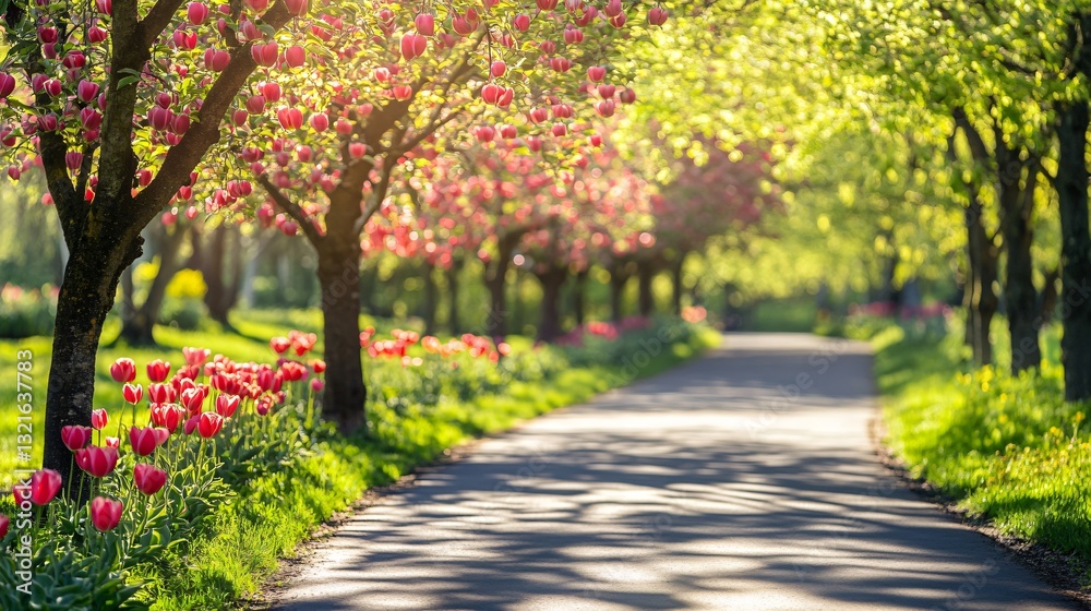 Naklejka premium Beautiful Blossoming Apple Trees and Tulips in a Sunny Park Setting