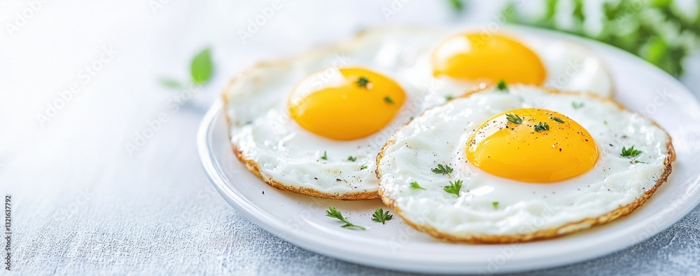 Three fried eggs with bright yellow yolks, garnished with herbs, served on a white plate against a soft, light background. Three fried eggs with bright yellow yolks, garnished with herbs, served on a white plate against a soft, light background.