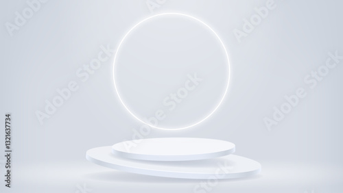 Two light grey levitating podiums for product presentation with white neon light in circle