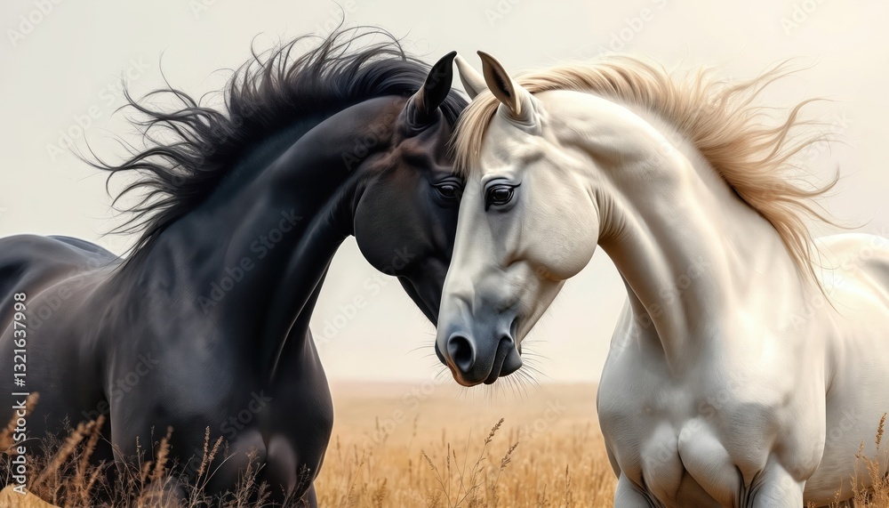 Obraz premium Two horses embrace tenderly in countryside. Black, white purebred majestic mammals hug. Symbolize equine emotion, love, friendship. Brown grass on background. Head to head portrait of animal farm