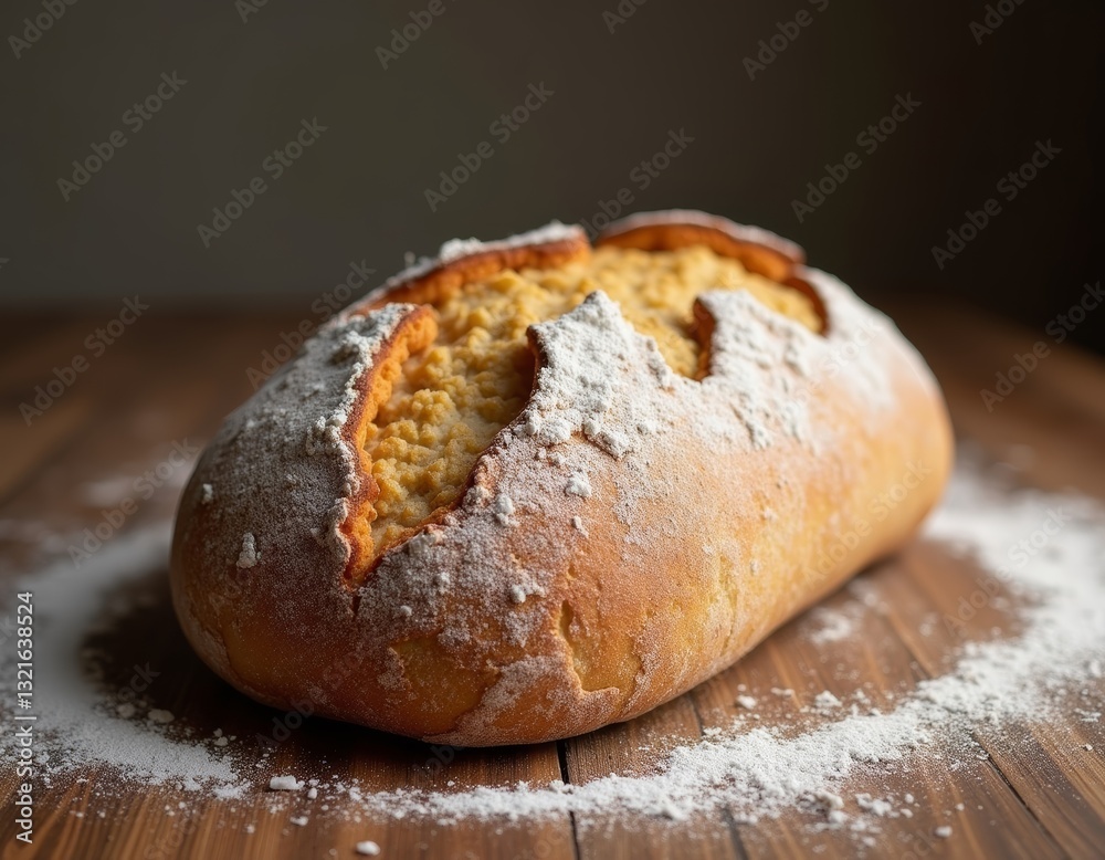 Artisan rustic bread loaf with golden crust and flour dusting on rustic wooden table showcasing traditional baking techniques and natural ingredients in an inviting kitchen setting
