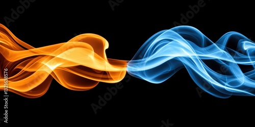 A vibrant interplay of orange and blue swirls against a black background, creating a striking visual contrast.