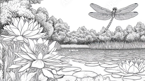 Dragonfly over lilies, pond, forest background; coloring page