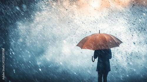 Lone figure with umbrella braves intense storm, silhouetted against cascading rain under dramatic light. A striking depiction of solitude and resilience in adverse weather.
