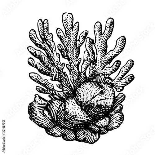 Intricate engraving of a sea shell and coral design suitable for tattoo artwork and packaging illustrations