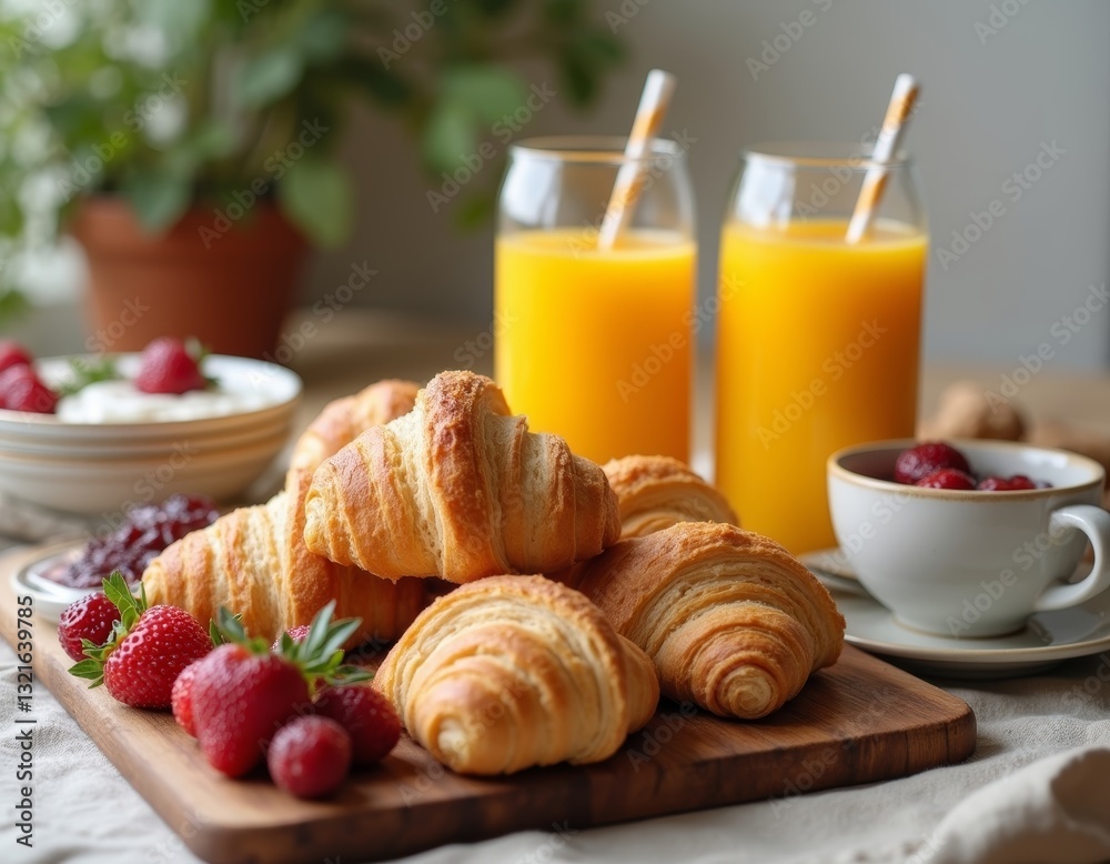 Beautifully arranged breakfast spread featuring fresh croissants, assorted jams, and freshly squeezed juice creating a delightful and appetizing morning meal presentation