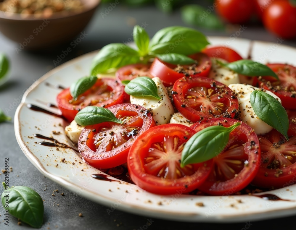 Delicious classic Caprese salad featuring ripe tomatoes, creamy fresh mozzarella, fragrant basil leaves, and a rich balsamic drizzle for a perfect Italian culinary experience