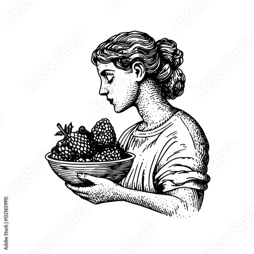 Elegantly engraved illustration of a young woman holding a bowl of ripe raspberries in classic vintage style suitable for tattoos or packaging design