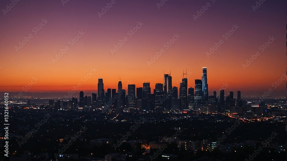 Fototapeta premium Los Angeles city skyline at dusk with dramatic purple and orange sky, panoramic cityscape view of Downtown LA at twilight