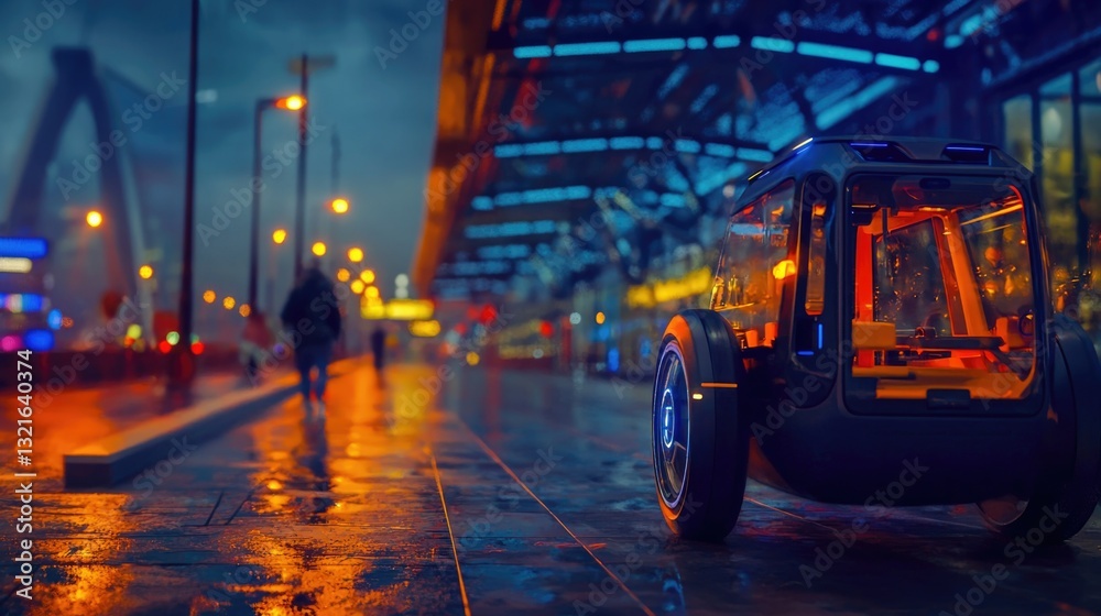 Naklejka premium Futuristic Urban Scene with Autonomous Vehicle in Rainy Night Setting with Vibrant City Lights and Reflections