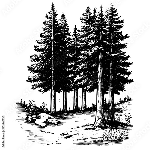 Engraved illustration of a serene forest landscape featuring tall evergreen trees and rocky terrain for artistic tattoo designs