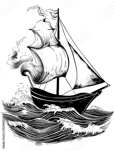 Engraved illustration of a classic sailing ship navigating through turbulent waves at sea captured in a bold vector style