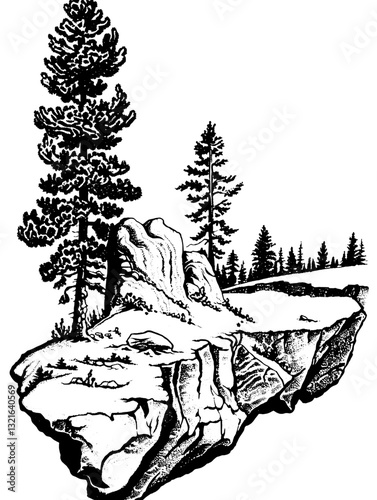 Engraved forest landscape illustration featuring towering trees and a rocky outcrop for tattoo and packaging design inspiration