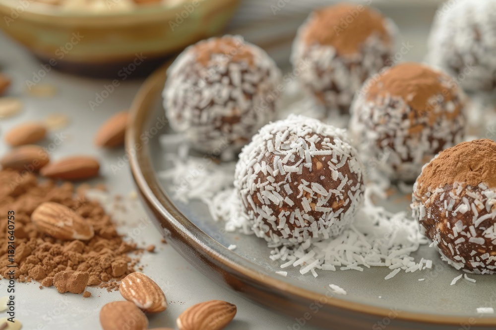 Chocolate coconut almond truffles in culinary art display. Neural network AI generated