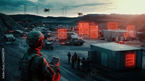Futuristic Military Operations with Drone Surveillance and Advanced Technology in Rugged Terrain at Dusk