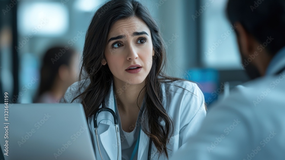 Obraz premium Concerned Female Doctor Engaging with Patient in Modern Healthcare Setting