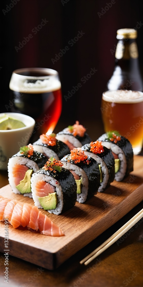 Sushi maki rolls with salmon on plate. Japanese traditional seafood.