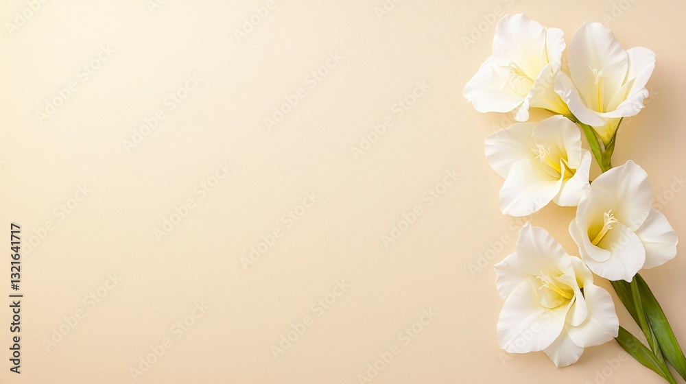 Fototapeta premium White Gladiolus on Beige Background Elegant Floral Arrangement