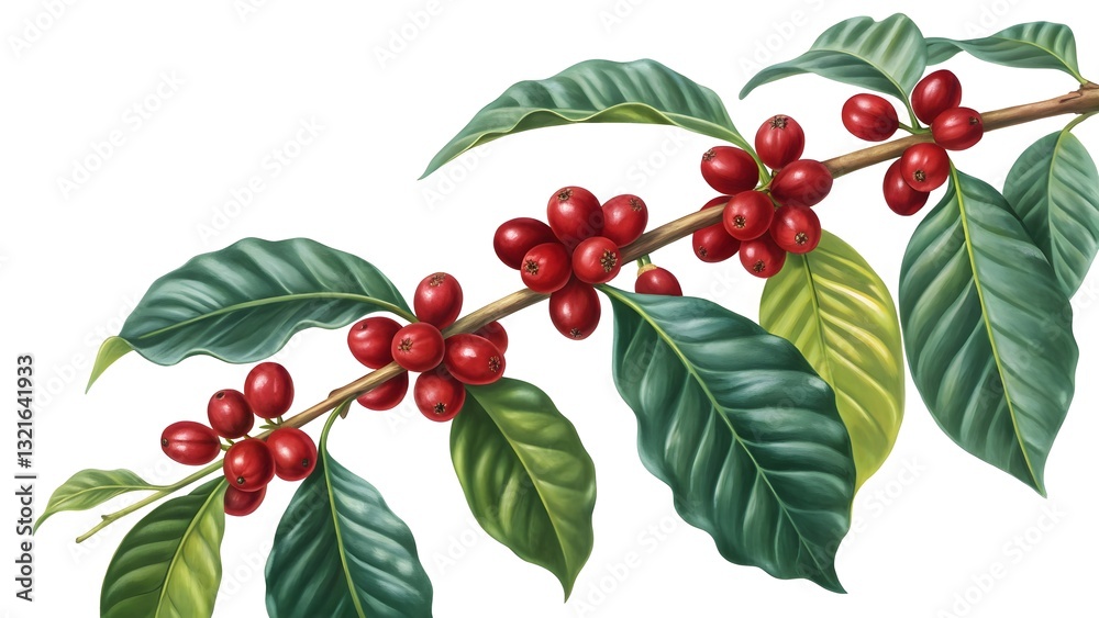 Obraz premium Ripe Coffee Cherries on Branch Detailed Botanical Illustration V3