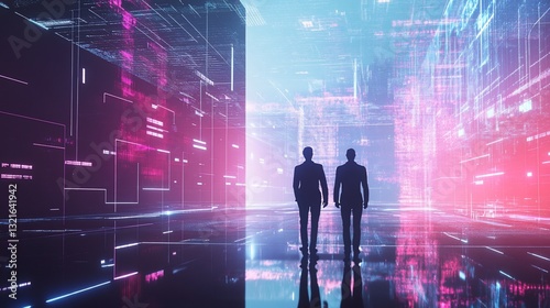 Digital Transformation Two Executives Navigate a Futuristic Data Landscape