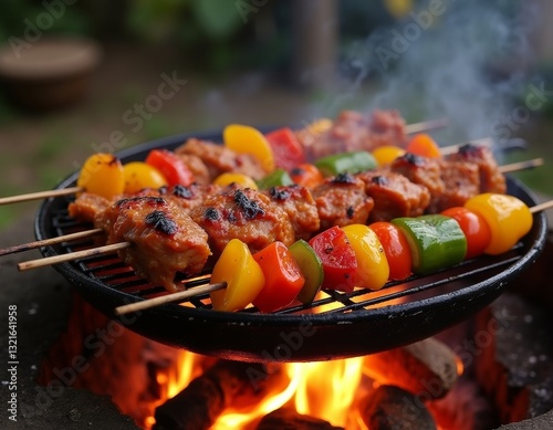 Sizzling barbecue grill loaded with skewers of marinated meats and vibrant vegetables cooking over open flames for a delicious outdoor culinary experience