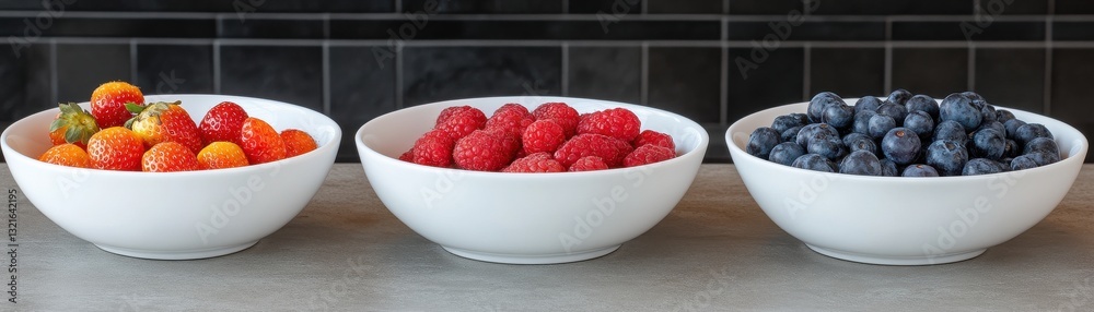 Three white bowls filled with colorful fruits: yellow cherry tomatoes, red raspberries, and dark blueberries, arranged neatly on a countertop. Three white bowls filled with colorful fruits: yellow cherry tomatoes, red raspberries, and dark blueberries, arranged neatly on a countertop.