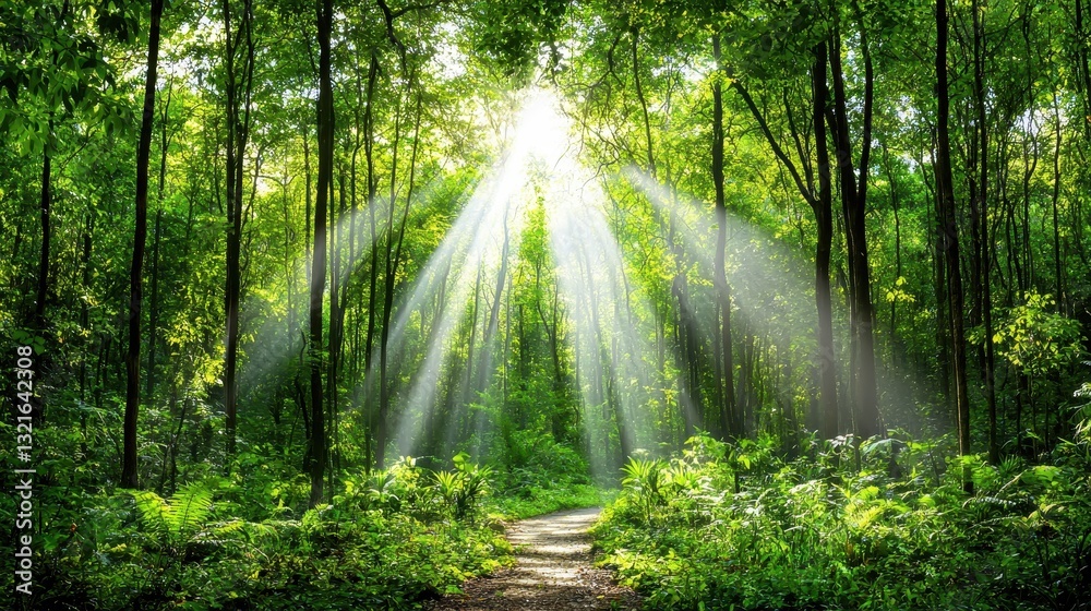 Fototapeta premium Serene Forest Pathway with Sunlight Streaming Through Lush Green Trees