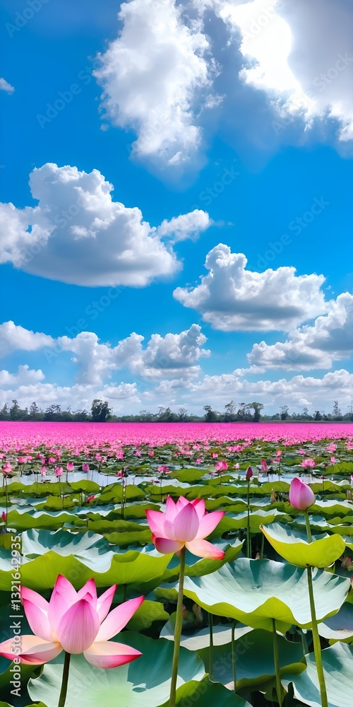 Pink waterlily or lotus flower field.
