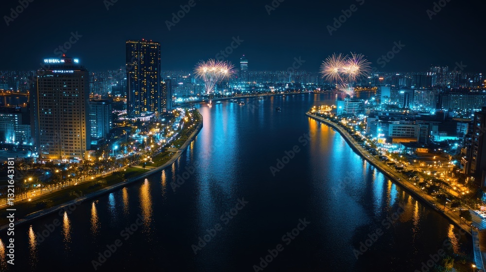Fototapeta premium Metropolitan Celebration: Cityscape Fireworks Over a River at Night