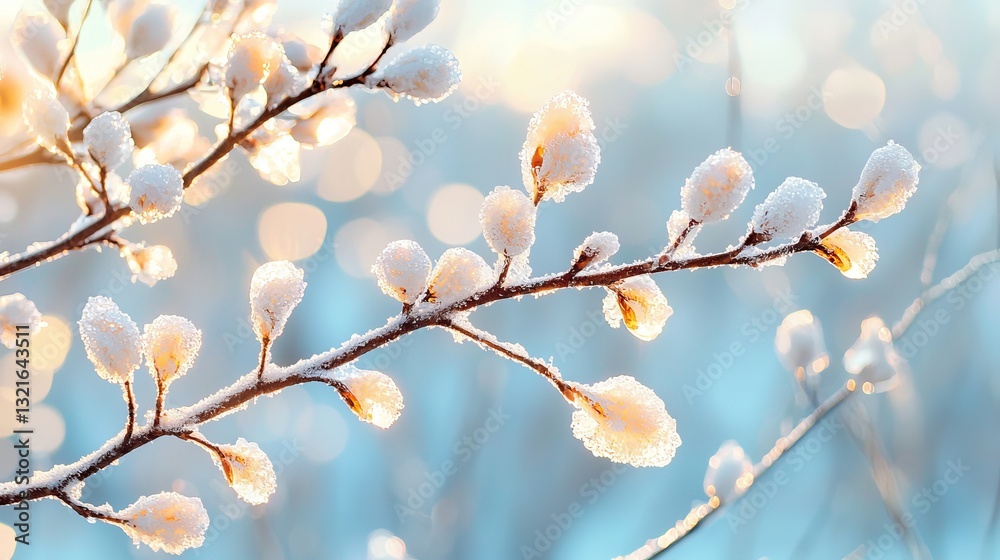 Frosted branches with glowing fire embers against a twilight blue background Frosted branches with glowing fire embers against a twilight blue background