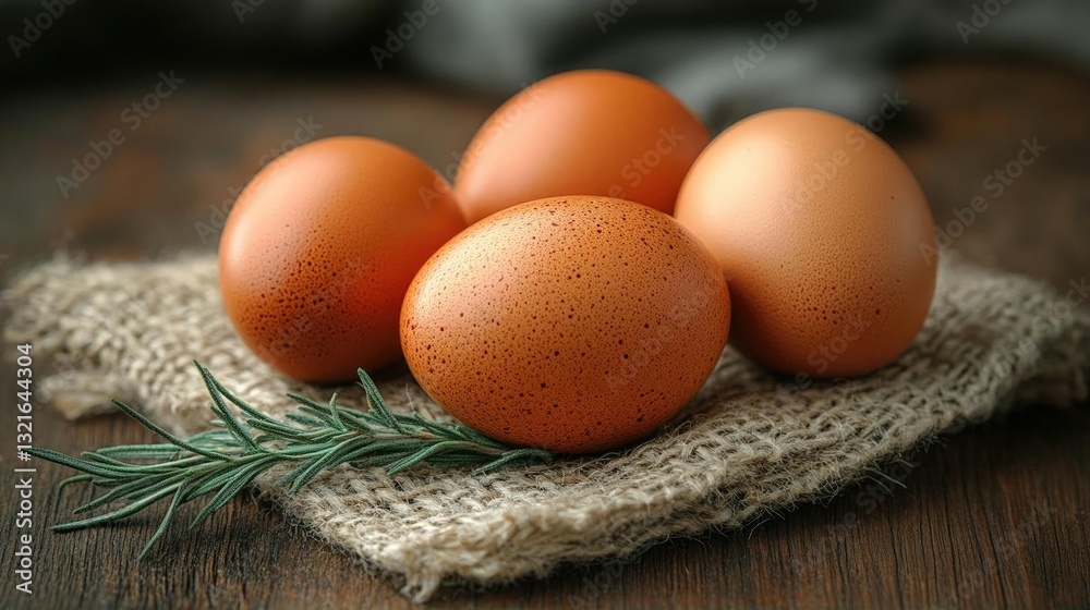 Fresh brown eggs arranged on a rustic cloth with a sprig of rosemary in a cozy kitchen setting Fresh brown eggs arranged on a rustic cloth with a sprig of rosemary in a cozy kitchen setting