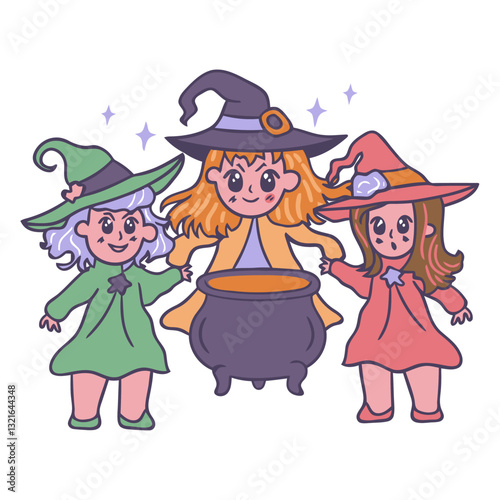 kawaii witch coven halloween cartoon.eps