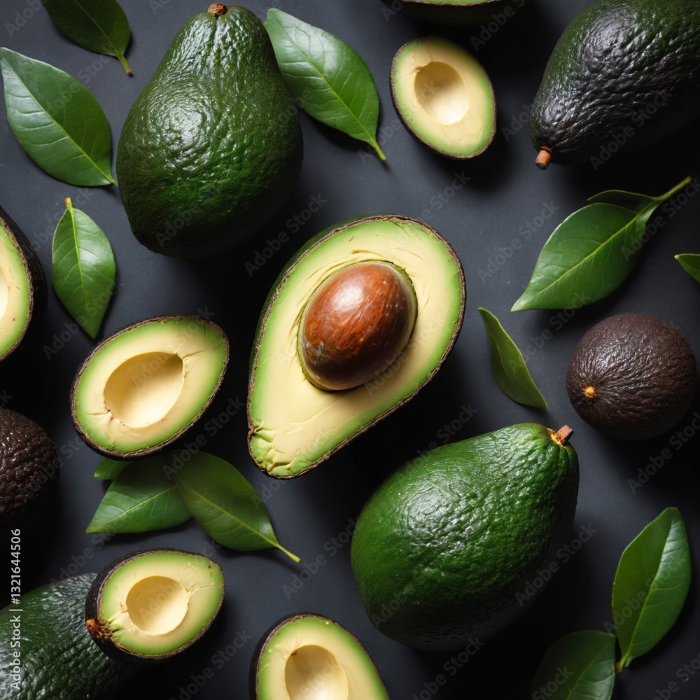 Avocado on dark background. Eating healthy fats and fiber. Top view