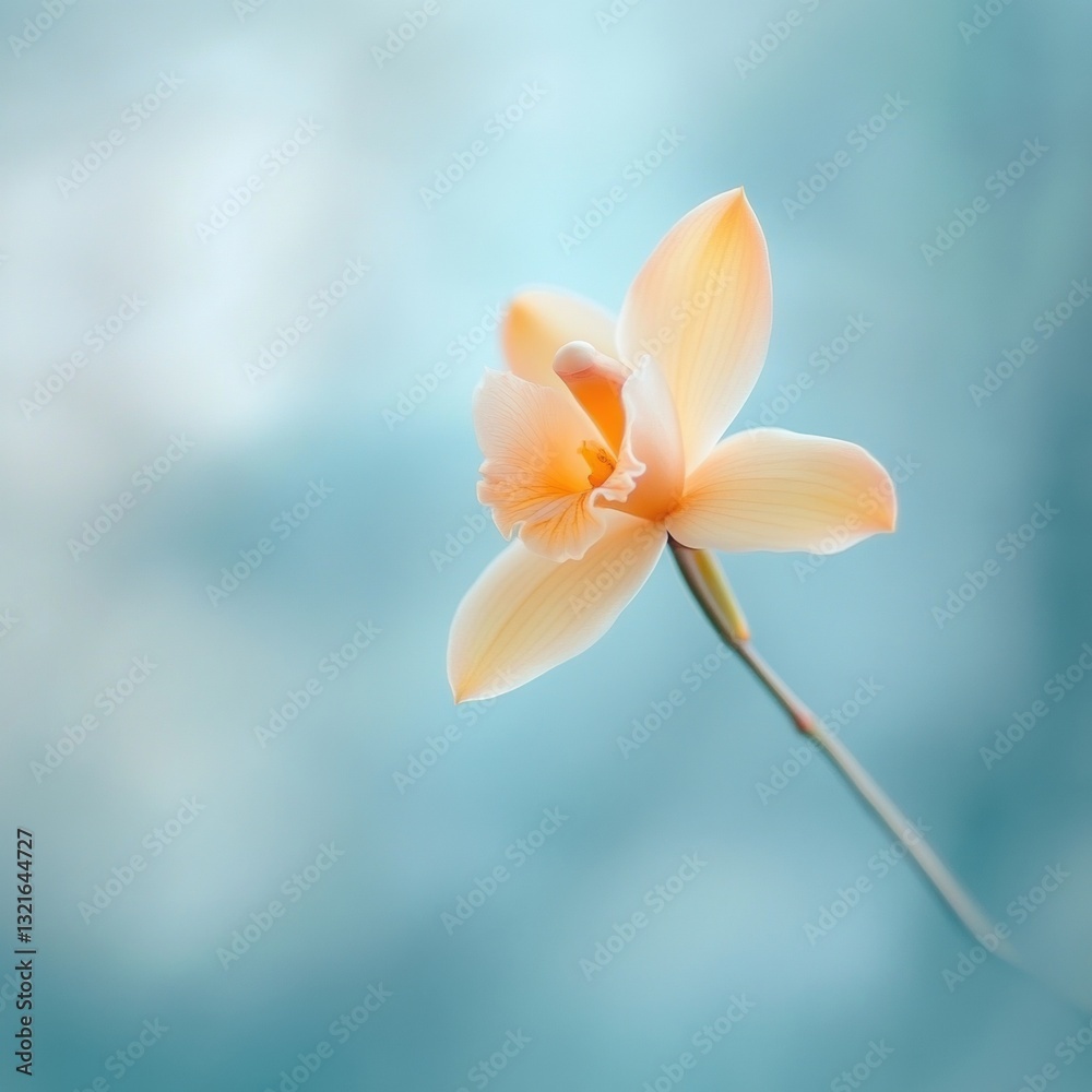 Fototapeta premium Delicate Orchid Flower in Soft Pastel Colors Against a Gentle Blue Background Evoking Calmness and Serenity in Nature