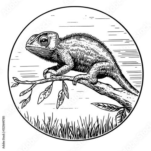 Vintage inspired illustration of a lizard perched on a branch highlighting natural beauty with exquisite details