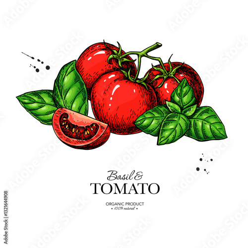 Tomato branch with basil leaves vector drawing. Whole and sliced tomatoes with basil sketch. Hand drawn food 