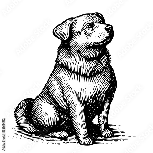 Vector engraving of a faithful dog sitting elegantly with curly fur in a minimalistic design suitable for tattoo and packaging purposes