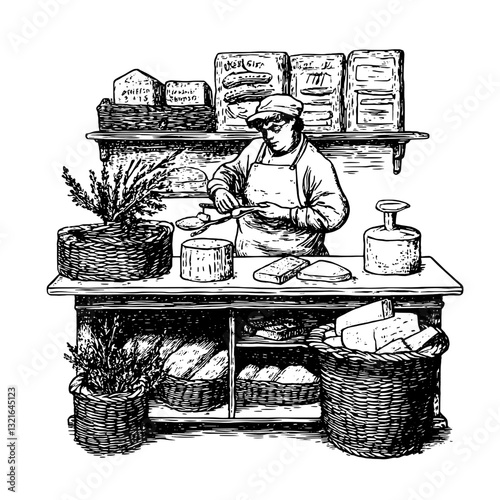 Crafting delectable cheeses in a quaint artisanal shop with rustic charm and an array of flavorful textures and ingredients