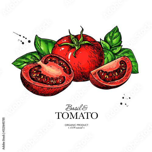 Tomato with basil leaves vector drawing. Whole and sliced tomatoes with basil branch sketch. Hand drawn illustration.
