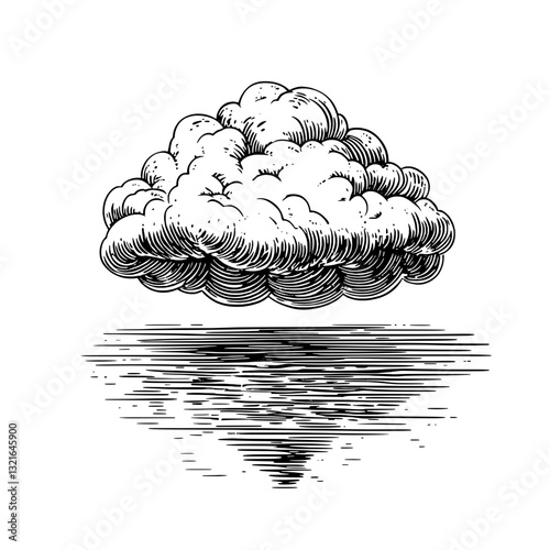 Engraved cloud illustration with abstract reflection designed for tattoo and packaging applications