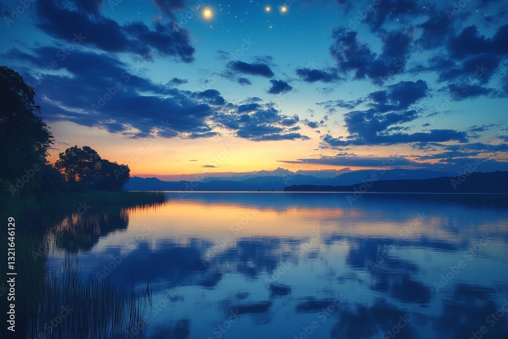 Fototapeta premium Serene Sunset Landscape Peaceful Lake Twilight Sky Mountains Nature Scenery Tranquil Evening Beautiful Cloudscape Water Reflection Golden Hour Calm 