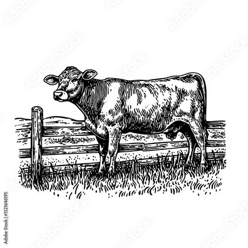 Engraved illustration of a serene cow standing by a rustic wooden fence in a peaceful pastoral setting at dusk