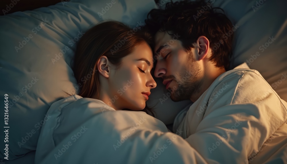 Fototapeta premium Couple sleeps together embracing in bed at night. Man and woman hug, lie under blanket. Romantic relaxed relationship, peaceful rest, healthy sleep in bedchamber. Lovers at night dreaming.
