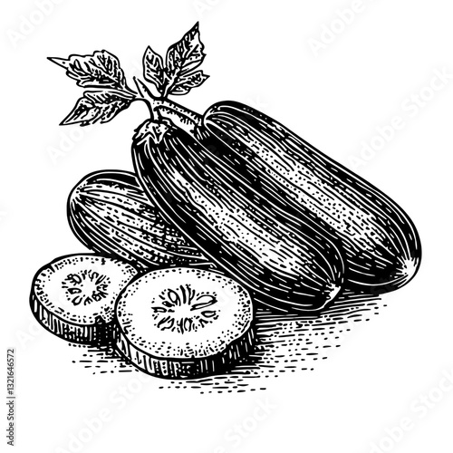 Engraved illustration of fresh zucchinis and slices, perfect for tattoo designs and packaging concepts